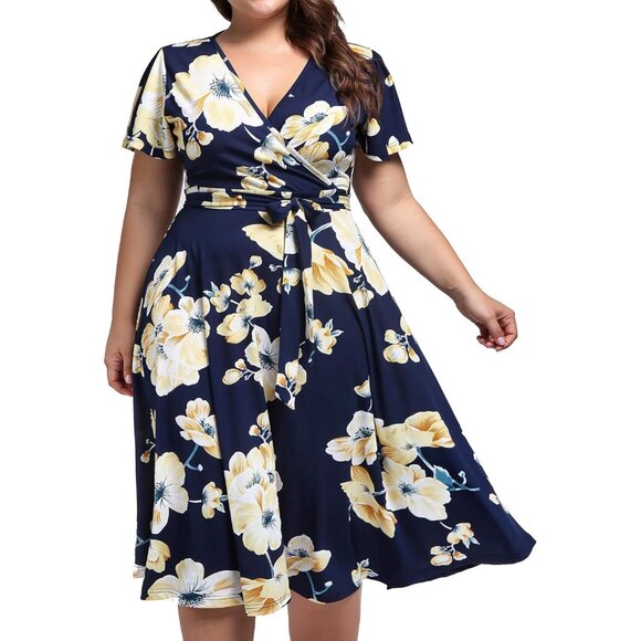 Plus Size Midi Dress Floral V Neck Pockets Sleeves Summer Casual Elegant - Picture 1 of 6